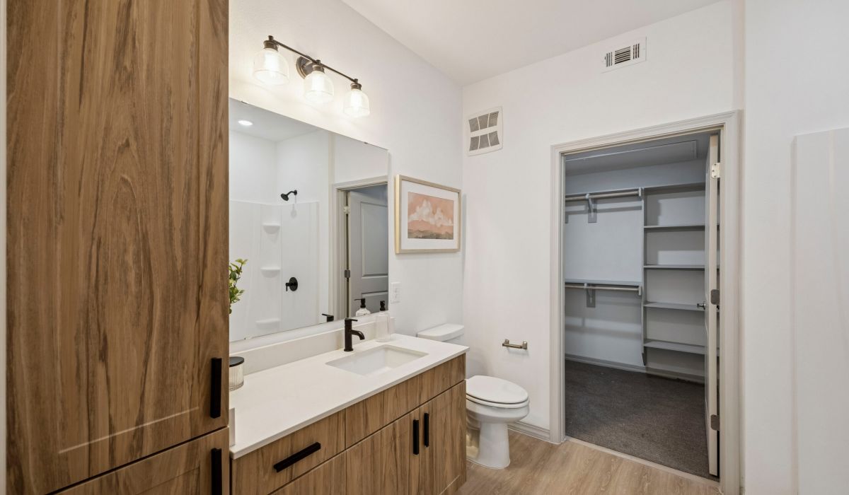 Modern bathroom with wood cabinets, a large mirror, single sink, toilet, and open walk-in closet.